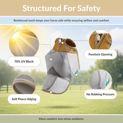 TSZ Horse Fly Mask with Nose Cover - UV Block 70% Breathable Mesh Flymask - size: Horse