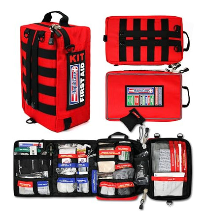 Rapid Care Premium Trauma First Aid Kit for Outdoors, Workplace, and Home - Exceed OSHA Guidelines and ANSI 2009 Standards - 240 Pieces - Includes Bonus Travel Kit