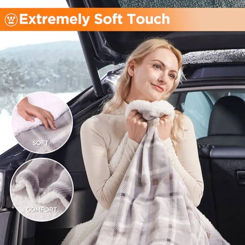 Westinghouse Heated Car Throw, Machine Washable, 59x43 Beige Buffalo Plaid - color: Beige Plaid