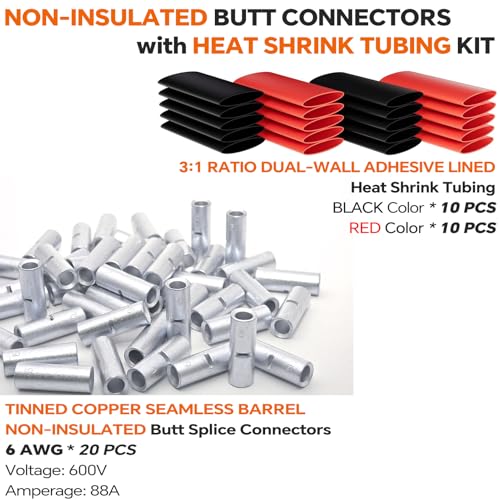 SVAAR 20PCS 6 Gauge Non-Insulated Butt Connectors 6 AWG Uninsulated Butt Splices Tinned Copper Marine Grade Seamless Barrel Crimp Butt Splice Wire Connectors & 20PCS 3:1 Adhesive Lined Heat Shrinks - size: 6 AWG