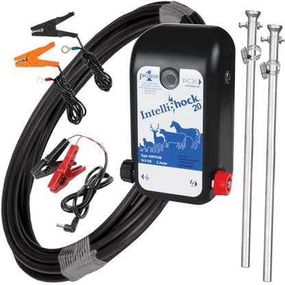 Premier 1 IntelliShock 20 Fence Energizer, Battery Kit, 2.0 Joule Energizer | Kit includes 12V leads, 2 ground rods & wireless tester. Auto-adjusts draw 80% on clean fences. Powers 16 net rolls.