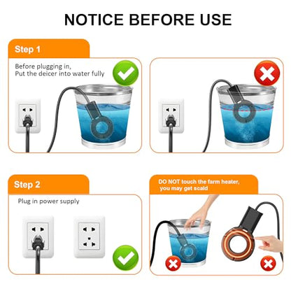 1000W Utility De-Icer, Submergible Bird Bath Heater De-icer, Chicken Water Heater, Stock Tank Heater for Livestock Poultry Birds, Cows, Horses, Wildlife Drinkingwith 10FT Power Cord, Black