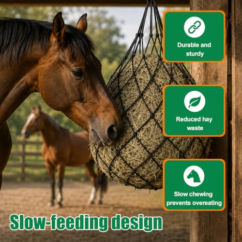Penitue 4pcs Large Capacity Hay Nets, 94cm/37in Long with 6.5cm/2.56in Holes Durable Hanging Slow Feed Mesh Hay Bag for Horses Sheep Stable, Trailer & Pasture (2 Colors)