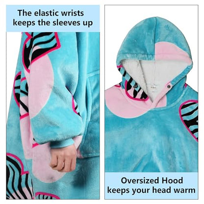 Solaris Zebra Heartfelt Kids Wearable Blanket Hoodie - Cozy Warm Sherpa Fleece Sweatshirt with Love-Themed Design, for Teens, Girls, Boys - color: Zebra Heart