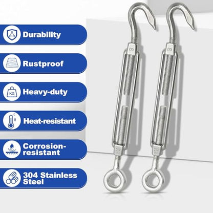 TooTaci 10PCS M8 Turnbuckle, 304 Stainless Steel Turnbuckle Hook and Eye | Turnbuckle Wire Tensioner, 440 lb Heavy Duty Adjustable Turnbuckles for Cables Wire, Cable Tightener, Trampoline, Tent, Tarps - size: M8 OC-10Pcs