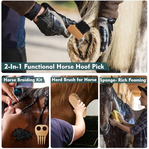 Horse Grooming Kit for Bathing, 13Pcs Horse-Brush Set with Mesh Bag, Shower Brushes, Braiding and Curry Comb, Sweat Scraper, Hoof Pick, Shedding Massaging Tool Supplies for Riders Beginners