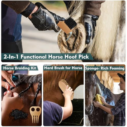 Horse Grooming Kit for Bathing, 13Pcs Horse-Brush Set with Mesh Bag, Shower Brushes, Braiding and Curry Comb, Sweat Scraper, Hoof Pick, Shedding Massaging Tool Supplies for Riders Beginners