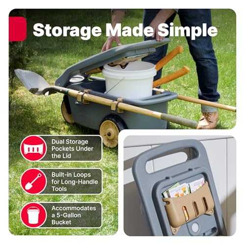 Step2 EverTough Garden Hopper Rolling Gardening Cart with Seat, Heavy-Duty Wheels, Tool Storage, Durable Resin Yard Wagon, Easy to Clean, 300 lb Capacity