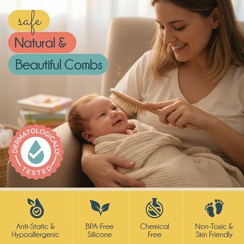 Little Tinkers World Wooden Baby Hair Brush and Comb Set, 4-Piece | Natural Wooden Set with Soft Goat Hair Bristle Brush, Beech Wood Massage Brush, Maple Wood Comb & Soft Silicone Scalp Brush