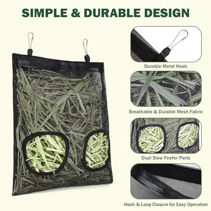Mesh Guinea Pig Hay Feeder Bag for Guinea Pigs Rabbits Chinchillas, Hanging 2-Hole Hay Dispenser Breathable Wear-Resistant (Black) - color: black