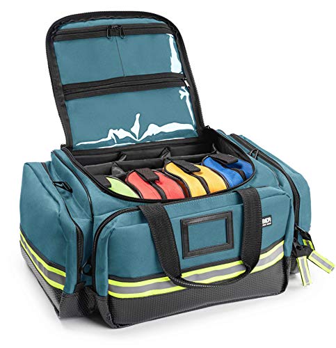 Scherber Fully-Stocked First Responder Professional Advanced EMT/EMS Trauma Kit | HSA/FSA Approved | Reflective Bag w/10+ Compartments, Zippered Pockets & 250+ First Aid Supplies (Blue) - color: Blue