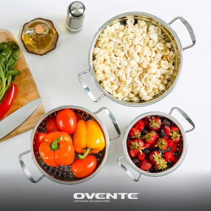 OVENTE Premium Stainless Steel Colander Set of 3, Silver C46263S | Comes with different sizes: 1.5, 3, 5 QT, Comfortable Large Handles, Ideal for draining pasta or Rinsing Vegetables or fruits - size: 5, 3, 1.5 Quarts, style: Colander Set of 3