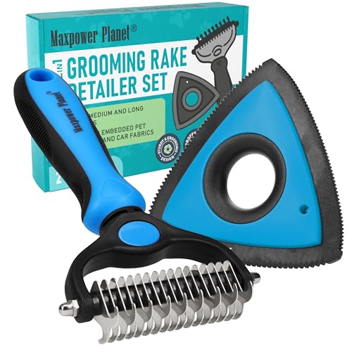 Maxpower Planet Pet Grooming Rake and Mini Pet Hair Remover Tool, Undercoat Rake for Dogs & Hair Remover for Car Carpet, Cat Fur Removal and Double-Sided Deshedding Dematting Tool for Dogs and Cats - color: D - Rake & Remover, size: Large