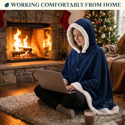 PAVILIA Hooded Blanket Poncho for Women, Fleece Wearable Shawl Wrap, Blue | Fleece Shawl Wrap with Hood, Adult Wearable Blanket, Cozy Warm Poncho Cape Throw with Pockets, Gift for Elderly Mom - color: Navy