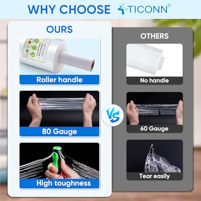 TICONN Stretch Wrap Stretch Film Roll, 1000ft Industrial Strength 5 inch Wide Clear Plastic Wrap with Handles for Pallet Wrapping Shipping Moving - style: 5''-1PK