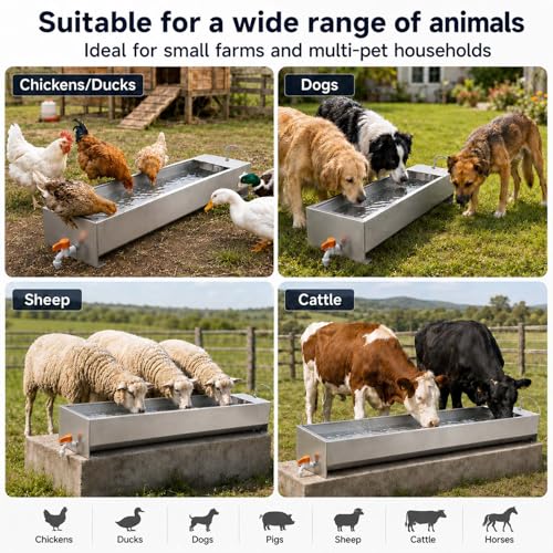 Automatic Livestock Water Trough, 54L Stainless Steel Animal Waterer with Float Valve Kit, Large Outdoor Auto Fill Water Dispenser for Horses Cattle Goats Pigs Hogs and Dogs