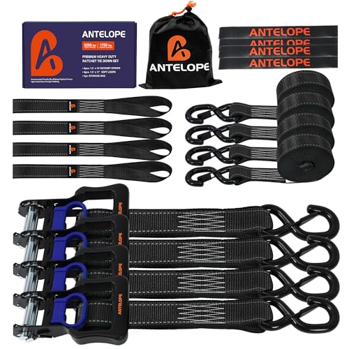 A ANTELOPE 4 Pack 1.5" x 15' Ratchet Tie Down Straps with S Hooks, Black - color: Black, size: 4PK-1.5in
