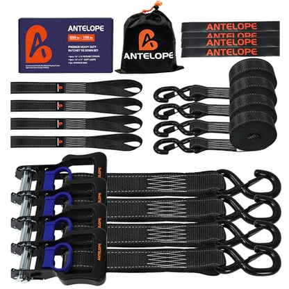 A ANTELOPE 4 Pack 1.5" x 15' Ratchet Tie Down Straps with S Hooks, Black - color: Black, size: 4PK-1.5in
