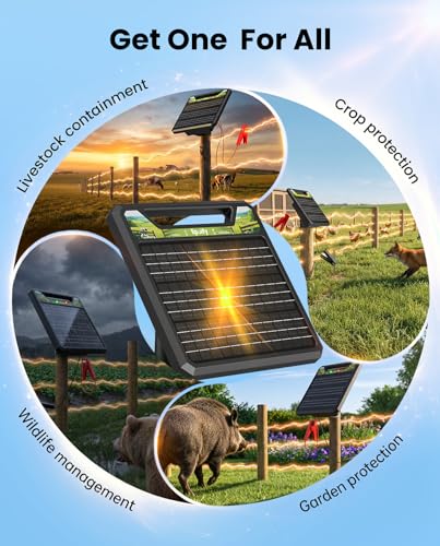 Solar Electric Fence Charger, Epoify LD03, 1 Joule, 45-Mile for Livestock | 8W Solar Panel with AC Backup, 8000mAh Battery, Auto Short-Circuit Alarm, Weatherproof Housing - color: Black