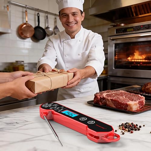 Professional Digital Meat Thermometer Instant Read Waterproof – Folding Probe Food Thermometer with Backlight & Calibration, Fast Read for BBQ, Grill, Deep Fry, Cooking, Liquids, Gift for Chef - color: Red