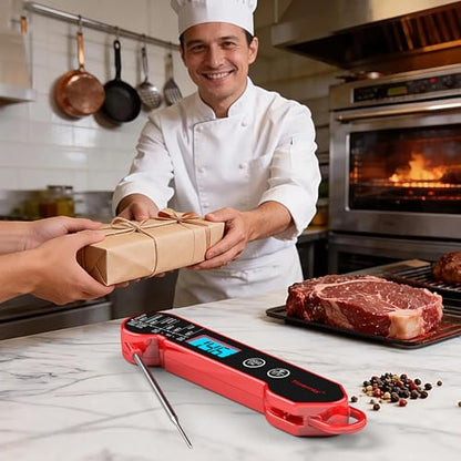 Professional Digital Meat Thermometer Instant Read Waterproof – Folding Probe Food Thermometer with Backlight & Calibration, Fast Read for BBQ, Grill, Deep Fry, Cooking, Liquids, Gift for Chef - color: Red