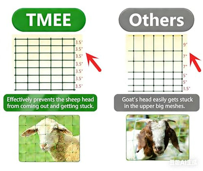TMEE Electric Goat Sheep Fencing Livestock Netting Fence with 14 Posts, Double Spiked, Portable Mesh for Lambs, Deer, Hogs, Dogs, 35.5" H x 164' L, Green - size: 35.5" H