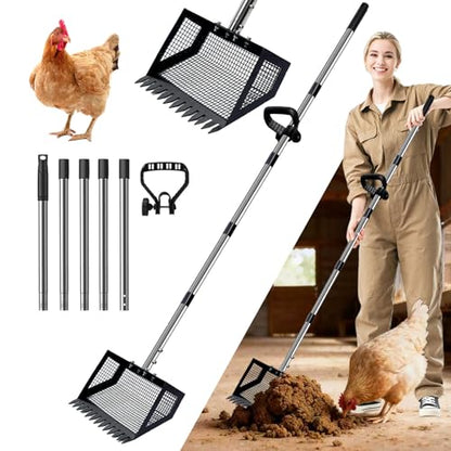 Chicken Coop Scoop (22 to 75") Chicken Coop Rake and Scoop with Grip 5 Section Extra Long Handle Chicken Pooper Scooper for Sand Metal Chicken Cleaning Tools Livestock Rake(Black) - color: Black