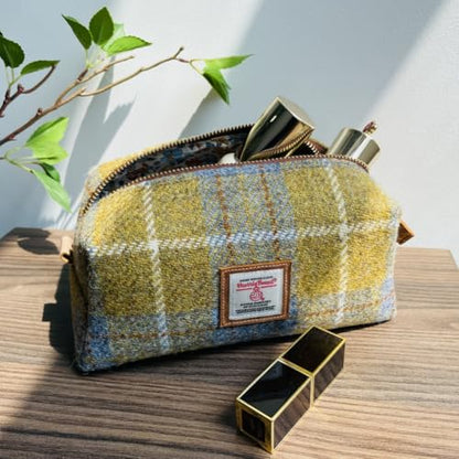 TAILORMAP Harris Tweed Wool Cosmetic Bag, Large Capacity Scottish Tartan Handmade Makeup Organizer, Stain-Resistant Travel Toiletry Pouch for Women (Yellow) - color: Yellow