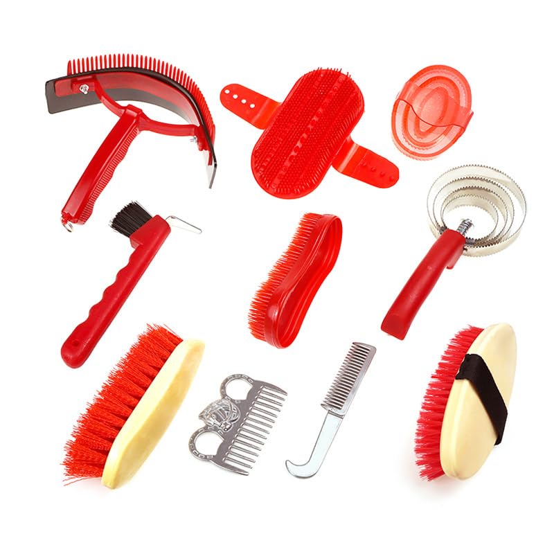 Horse Grooming Kit, 10 Piece Complete Set with Brushes, Combs, and Curry Tools for Horses, Red