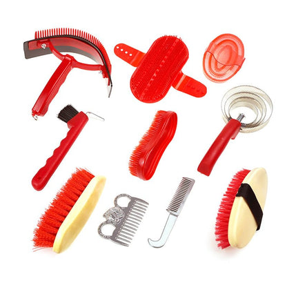 Horse Grooming Kit, 10 Piece Complete Set with Brushes, Combs, and Curry Tools for Horses, Red