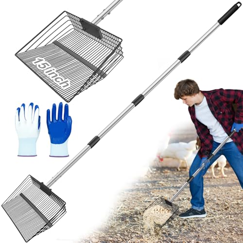 15 inch Large Chicken Poop Scooper and Rake for Sand for Shavings 74" Heavy Duty Pooper Scooper Long Handle Chicken Coop Scoop for Cleaning Tools 5-in-1 Sifting Shovel for Chicken Scoop supplies - color: 15 inch