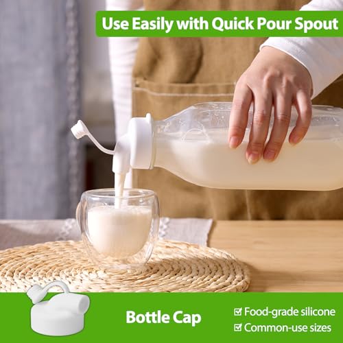 CUCUMI 2 Pack 32 Oz Glass Milk Bottle with Reusable Lid | for Almond Milk, Oat/Nut Milk, Water Jug Breast Milk Pitcher,Juice Bottles for Buttermilk, Nut, Juice, Syrup, Coffee Creamer - color: 2pcs-32oz