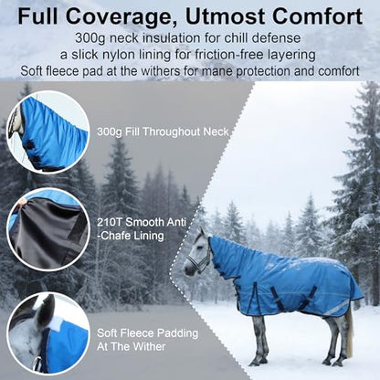 1680D Heavyweight Horse Blanket with 300g Insulation in Body and Hood, Full Neck Combo, Waterproof Breathable Insulated Winter Turnout Blanket Cyanblue 78 - size: 78"