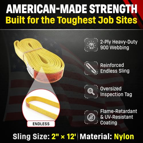 DD Sling 2" x 12' Nylon Endless Lifting Sling – USA Made | 12,800 lb Vertical, 10,200 lb Choker, 25,600 lb Basket – 2 Ply Heavy Duty 900 Webbing, Type 5 Endless Rigging Sling - size: 2"x12'