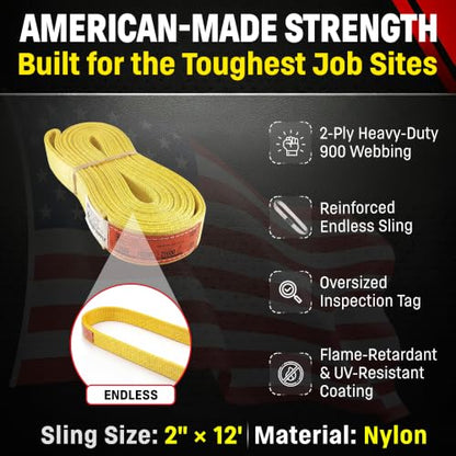 DD Sling 2" x 12' Nylon Endless Lifting Sling – USA Made | 12,800 lb Vertical, 10,200 lb Choker, 25,600 lb Basket – 2 Ply Heavy Duty 900 Webbing, Type 5 Endless Rigging Sling - size: 2"x12'