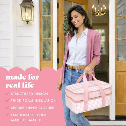 Fit & Fresh Insulated Double Decker Casserole Carrier for Hot & Cold Food | Fits two 9x13" pans, Expandable, Leak-Resistant, Durable, Portable Food Carrier For Potlucks, Tailgating, Picnics, Parties - color: Pink Gingham