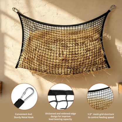 2Pcs Slow Feed Hay Net for Horses, Durable Hanging Hay Bag with Clips for Horses Goats Donkeys Sheep, Easy Loading, Large Capacity, Fits Stall & Trailer, 35" x 31", Black