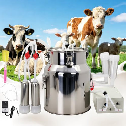 2-in-1 Goat and Cow Milking Machine, 3.7Gal Stainless Steel Bucket with 5200mAh Built-in Rechargeable Battery, Cordless Electric Vacuum Pulsator, 4 Teat Cups, Portable Electric Milking Machine (14L)