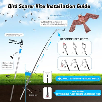 Bird Scarer Kite with 13ft Pole Bird Hawk Flying Kite-Style A | Hawk Deterrents for Farms, Patios and Docks | Keeps Birds, Geese and Seagulls Away | Covers 2150-5380 sq.ft - color: style A with 4m pole