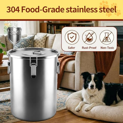 304 Stainless Steel Dog Food Storage Container, 25LB/30LB Airtight Pet Food Container with Locking Lid & Silicone Seal, Large Metal Food Storage Bin for Dry Dog/Cat Food, Rice, Flour (25 LBS) - size: 25 LBS
