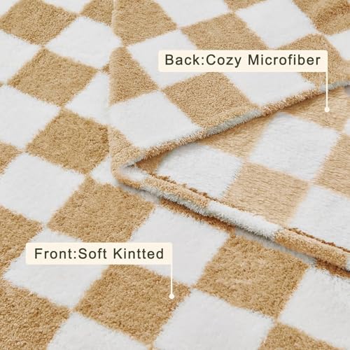 EMME Checkered Blanket Twin Size - 60"x80" Beige Knit Blanket Soft Fluffy Patterned Throw Blankets for Couch, Sofa, Chair, Bed, Camping, Picnic, Travel - color: 21-checkered Beige, size: Twin