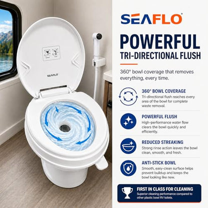 SEAFLO RV Toilet with Sprayer Attachment - White, 18.4” Residential Height, Gravity Flush Foot Pedal Camper Toilet Soft Close Seat Elongated Bowl Motorhome, 4-Year Warranty, SFRTPH-01-02 - color: White-Sprayer