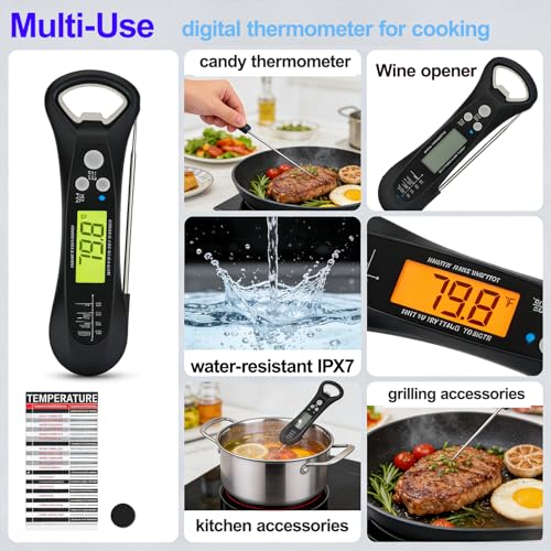 Instant Read Meat Thermometer, Waterproof Digital Food Thermometer | Backlit LCD Display, Long Probe, Fast Accurate Temperature Reading for BBQ, Grill, Candy & Oil Cooking (°C/°F)