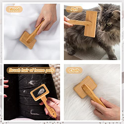 Rtteri 4 Pcs Wooden Wool Carder Hand Carders Slicker Brush Wool Carding Brush Needle Felting Tool for Yarn Weaving Blending Roving Craft Project Kit Supplies Pet Grooming, 2 Sizes