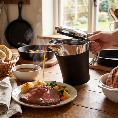 Double Insulated Gravy Boat - Stainless Steel Sauce Jug with Hinged Lid Hinged Lid Ideal for Gravy or Cream at Thanksgiving (450ML/16 OZ Black) - color: 450ML/16 OZ Black