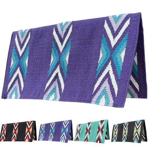 Majestic Ally Western Saddle Blanket, Canyon Diamond Design, New Zealand Wool, Handwoven Horse Tack, 36x34 Inches - color: Purple Teal