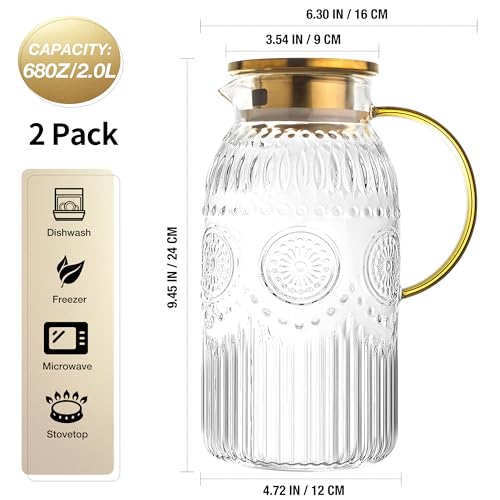 Amzcku Glass Pitcher with Lid 68oz 2L Vintage Water Carafe Beverage 2Pack - size: 68 Ounces (2 Pack)