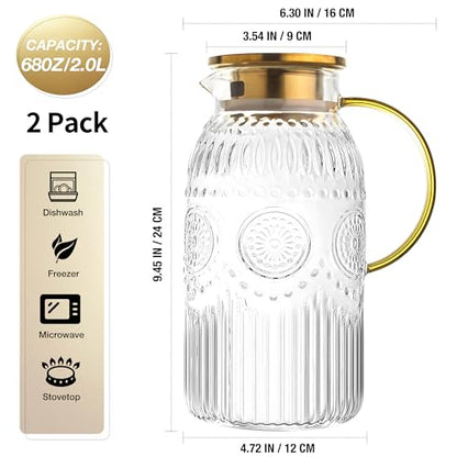 Amzcku Glass Pitcher with Lid 68oz 2L Vintage Water Carafe Beverage 2Pack - size: 68 Ounces (2 Pack)