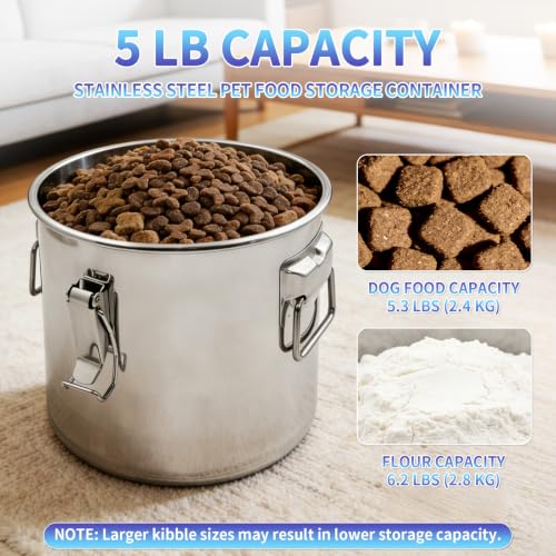 5LB Stainless Steel Dog Food Storage Container, Airtight Metal Pet Food Storage Bin with Lid and Scoop, Large Dog Food Container for Dry Food, Keep Fresh, Easy to Clean