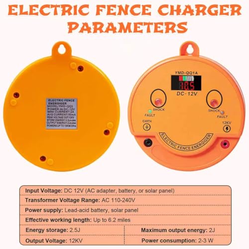 2.5J Electric Fence Charger, DC 12V / AC 110V-240V, 12kV Output Voltage, Covers up to 6.2 Miles (10 km). Supports Solar, Battery and AC Power Supply. Equipped with a Display Screen and Alarm Function.